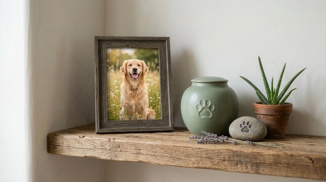 Golden retriever memorial display with paw print stone and lavender for pet loss and remembrance.