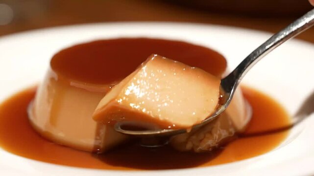Spoon Scoop Taking Bite of Caramel Flan Custard Pudding