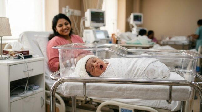 Swaddled infant in a maternity ward with mother in the background