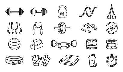 Fototapeta premium Set of hand drawn fitness and gym equipment icons for workout training and healthy lifestyle vector illustration