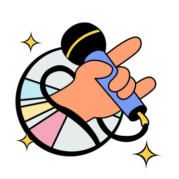 cartoon illustration of a hand holding mic with CD player vector illustration of a retro 