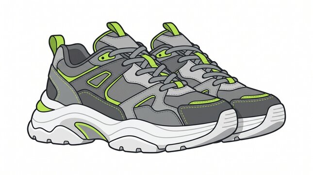 Chunky Urban Sneaker Flat Illustration &ndash; Modern oversized sneaker with layered gray panels and thick white sole, isolated on white background for streetwear and contemporary footwear.