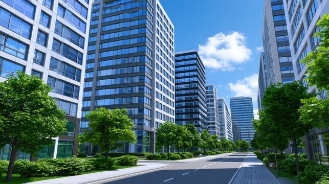 Modern city street lined with tall, reflective glass buildings and lush green trees under a clear blue sky
