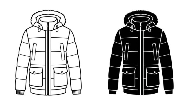 Black and white illustration of a hooded winter parka with quilted sections