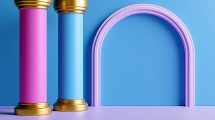 Fototapeta premium Vibrant pink and blue columns with gold accents stand on a lavender floor with a matching arch