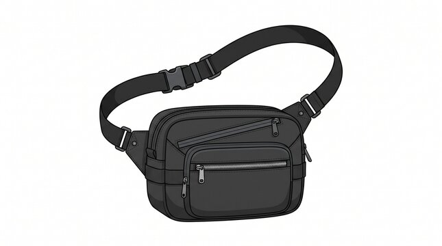 Urban Crossbody Sling Bag Flat Illustration &ndash; Compact black utility bag with adjustable strap and front pocket, isolated on white background for streetwear, travel, and fashion designs.