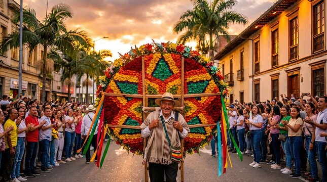 Senior Man Carries Colorful Floral Display During Street Festival