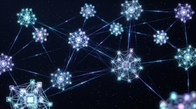 Decentralized artificial intelligence network with glowing processor nodes linked by digital connections illustrating distributed computing machine learning data exchange future infrastructure