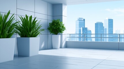 Fototapeta premium Modern terrace with potted plants overlooks city skyline under clear sky. Sleek architectural design