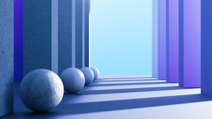 Fototapeta premium A surreal scene with spheres and colorful geometric shadows cast by tall vertical columns under a blue sky