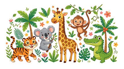 Naklejka premium Cute Jungle Animals Illustration with Tiger Koala Giraffe Monkey and Crocodile in Tropical Forest Setting