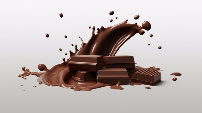 Dark Chocolate Splash: Rich, dark chocolate pieces are captured in a dynamic splash of molten chocolate, creating an indulgent and decadent visual treat.