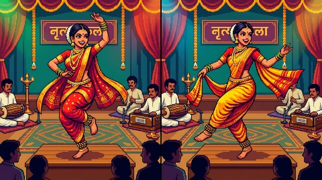 Pixel art spot the difference game with indian classical dancer