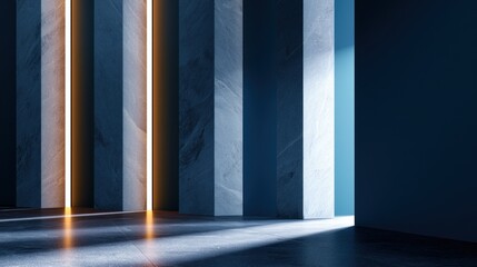 Fototapeta premium Modern interior with tall columns casting long shadows in bright sunlight; sleek and minimalistic design