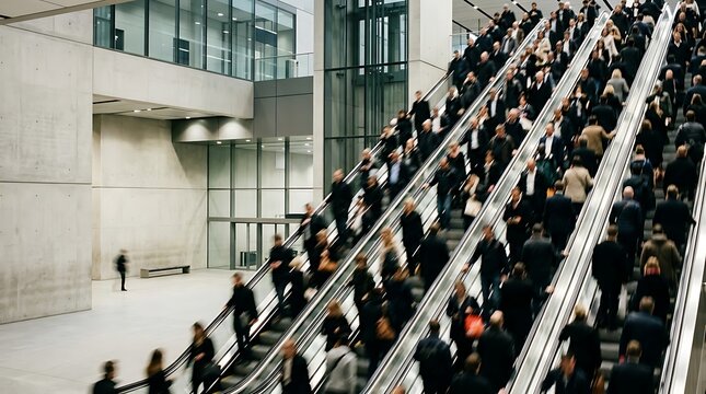 Commuters moving on multiple escalators in a modern terminal