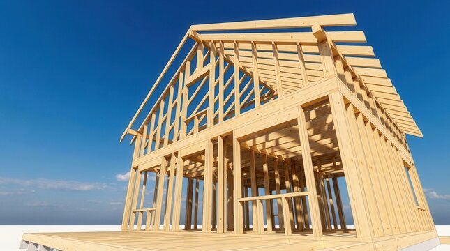 3D rendering of a wooden house frame under construction, home building concept on a bright blue sky background.