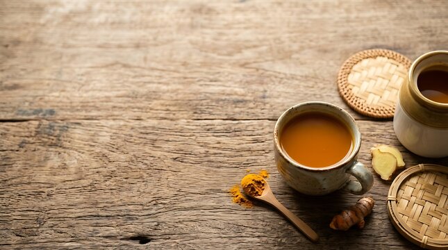 Warm golden milk turmeric latte on a rustic wooden table