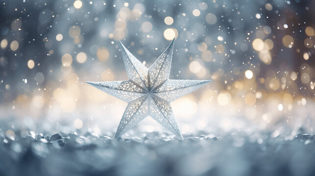 A Winter's Star: A crystalline star ornament sparkles amidst a gentle snowfall, with soft, blurred bokeh lights in the background creating a magical, festive atmosphere.