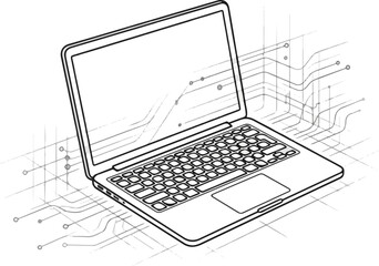 Modern technical illustration of an open laptop with dynamic digital data streams © Ja
