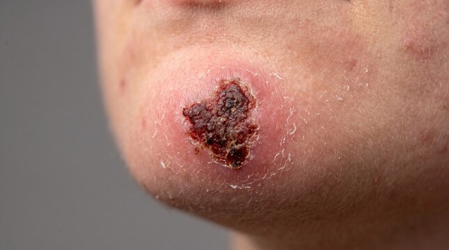 Extreme macro close up of scabbed scab wound on human chin