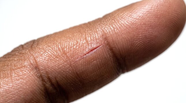 Macro view of small paper cut laceration bleeding on human finger