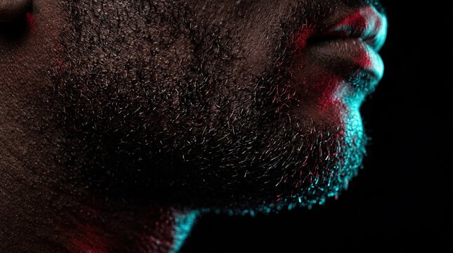 Side profile close-up of dark male face showing short stubble beard and skin texture