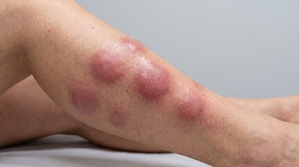 Fototapeta premium Close up view of erythema nodosum large red painful bumps on lower leg skin