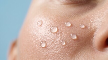 Fototapeta premium Macro close up of hyaluronic acid water droplets on smooth hydrated cheek skin