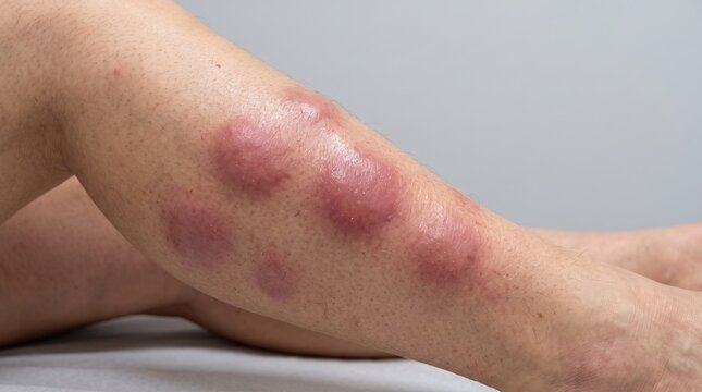 Close up view of erythema nodosum large red painful bumps on lower leg skin