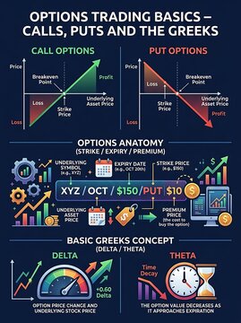 Comprehensive options trading guide infographic with graphs and icons