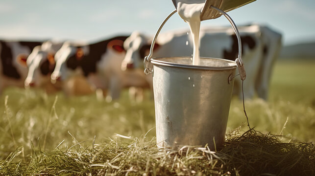 Fresh Milk from the Farm: Creamy, fresh milk is poured into a rustic metal pail set in a lush green pasture, with a herd of dairy cows grazing contentedly in the background under a clear blue sky.