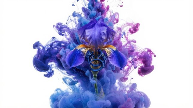 Abstract purple iris flower in water, blue and violet ink swirl explosion, artistic floral smoke background on white