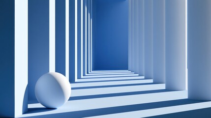 Fototapeta premium Geometric interior with blue shadows, white columns, and a single white sphere casting shadows
