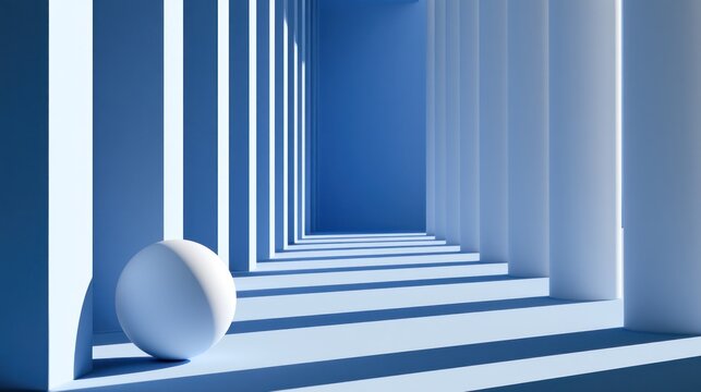 Geometric interior with blue shadows, white columns, and a single white sphere casting shadows