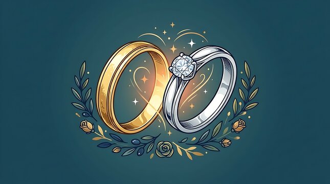 Pair of gold and silver wedding rings with diamond and floral wreath