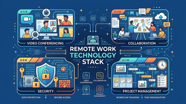 Comprehensive remote work technology stack infographic with digital tools