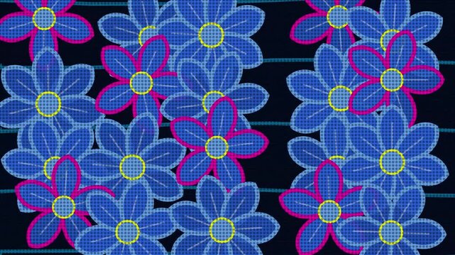 Neon blue floral pattern with chromatic glitch effect