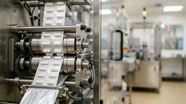 automatic blister packaging machine with precision sealing rollers for pharmaceutical tablet packaging, high speed production and sterile manufacturing