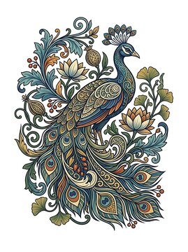 Ornate decorative peacock surrounded by botanical floral motifs