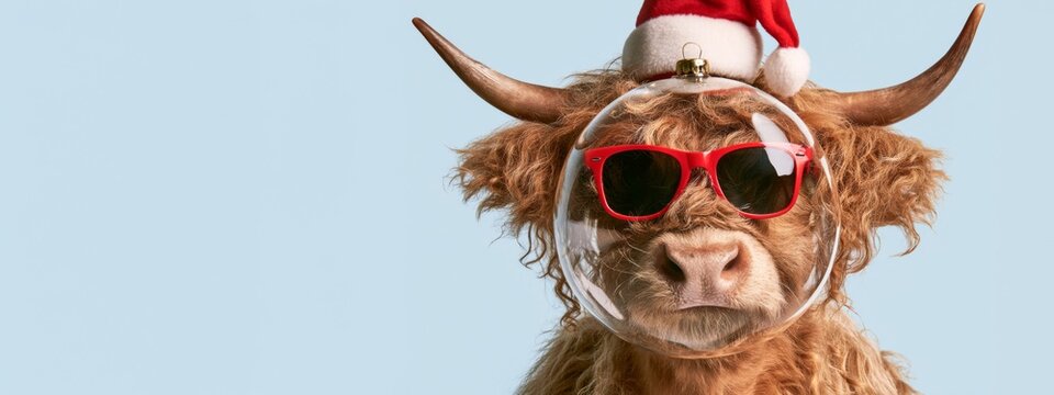 Merry Christmas animal concept holiday vacation winter greeting card postcard - Funny scottish highland cattle with santa hat, isolated on blue background