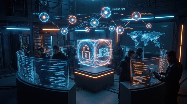 Futuristic Command Center Monitoring Open Source Cybersecurity