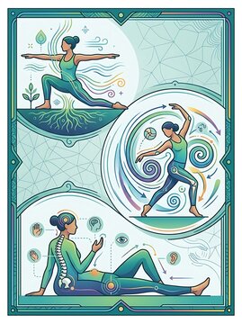 Holistic wellness illustration featuring woman in yoga poses