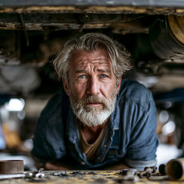 Elderly man working under a car in a garage with tools