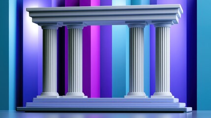 Fototapeta premium Three classical columns stand against a vibrant backdrop of vertical blue and purple stripes