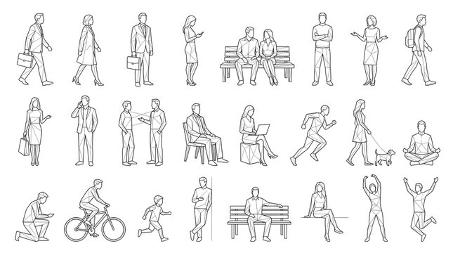 People Daily Activities, Business and Lifestyle Low Poly Line Art Set