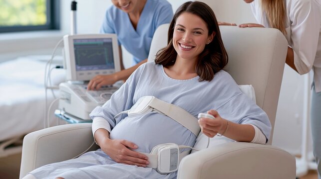Pregnant Woman Undergoing Non-Stress Test with Belly Monitors Strapped