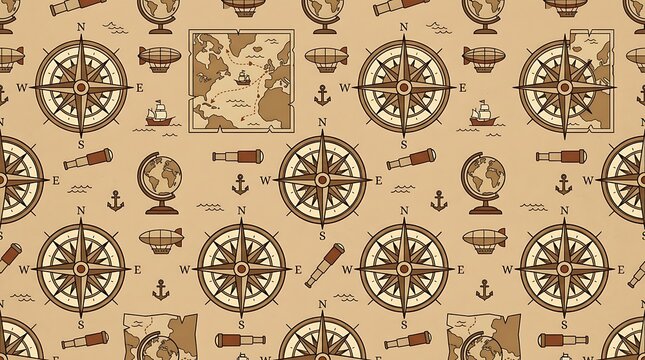 Seamless vintage nautical pattern with compasses and ancient maps