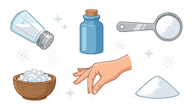 ooking Salt Elements Vector Set featuring Shaker, Bowl, Hand Pinch, Spoon, Bottle, and Powder Heap Icons for Recipe and Kitchen Blog Designs