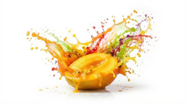 Vibrant peach fruit splash on white background, colorful juice explosion with liquid droplets, fresh organic fruit beverage concept