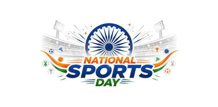 ​Creative National Sports Day template featuring sports gear and Ashoka Chakra.